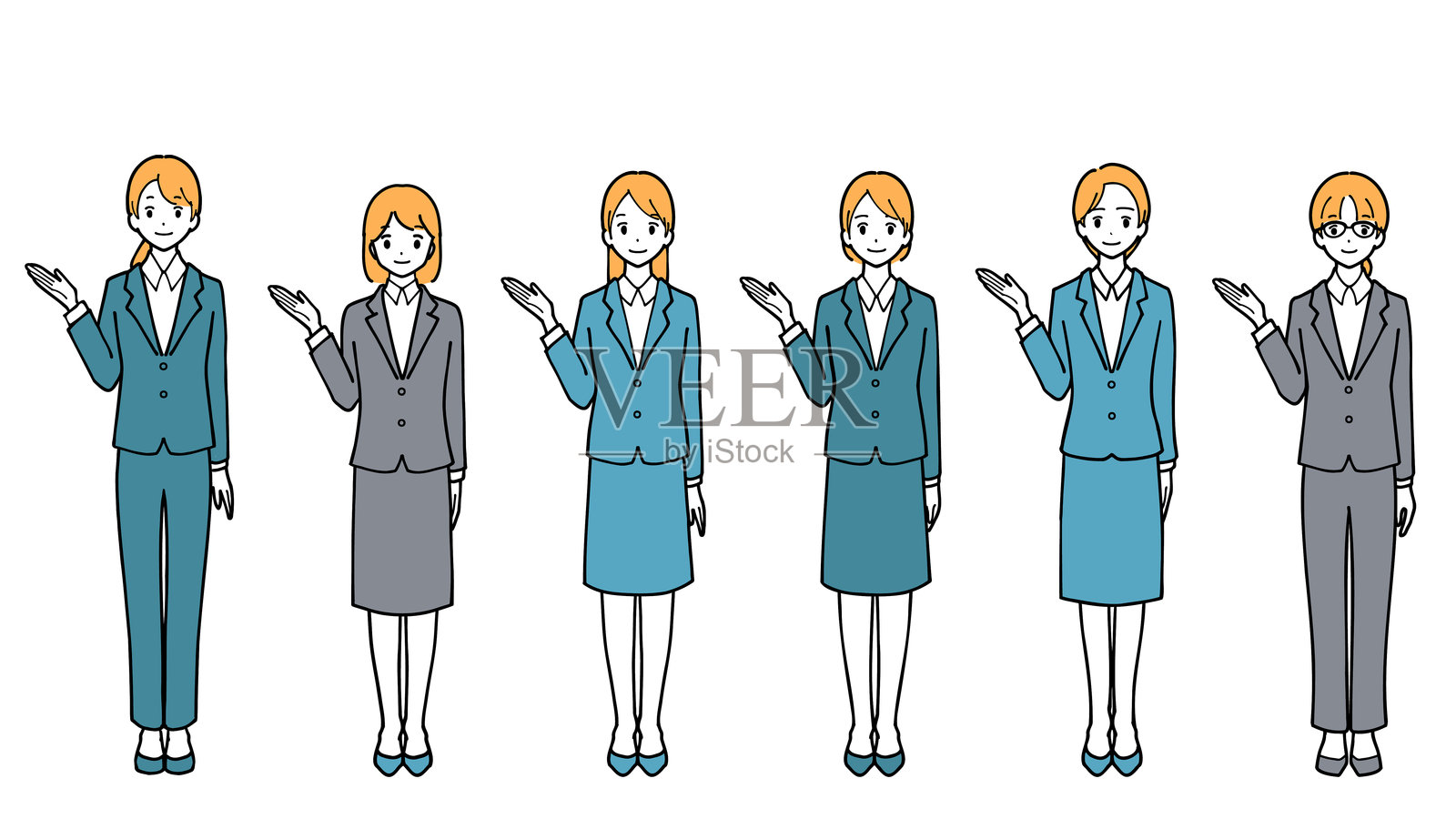 一组全身插图，展示几位穿着西装的年轻女性在指引方向。插画图片素材