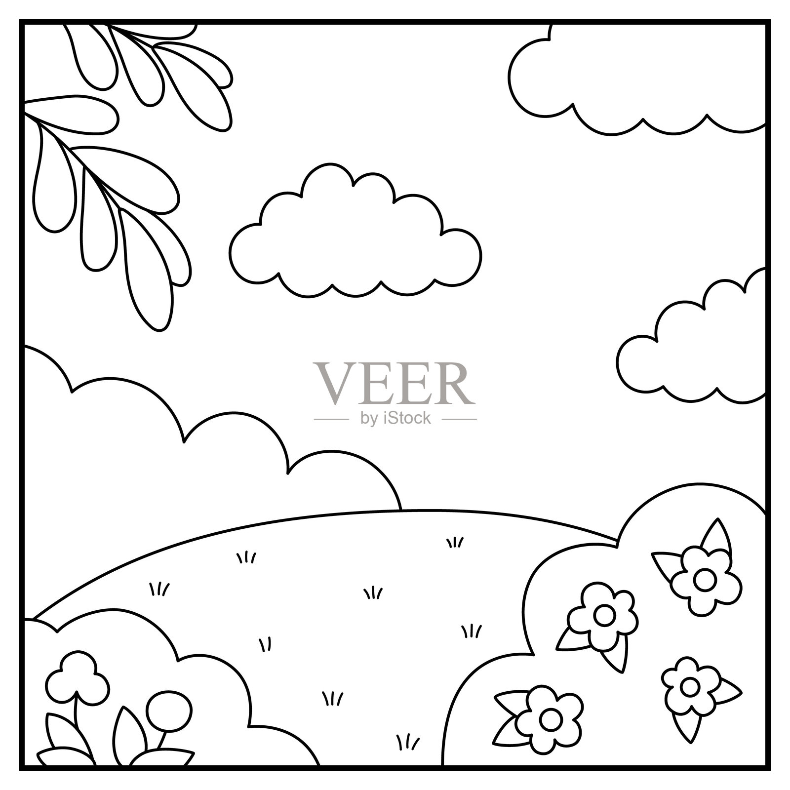 黑白方形自然背景矢量图。乡村、农场或村庄的线条风景。可爱的草地、树木、灌木、天空和花朵的场景。森林或林地场景插图，涂色页。插画图片素材