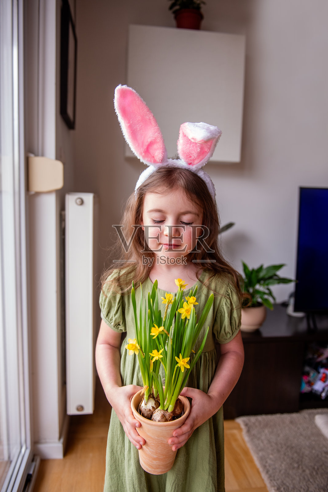小女孩戴着兔耳发箍，手里拿着一盆水仙花在家中。照片摄影图片