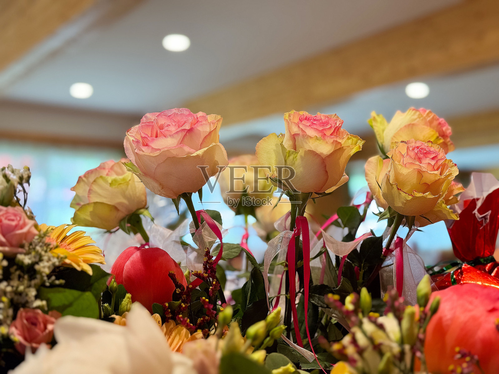 室内盛开的鲜艳粉色玫瑰，周围环绕着五彩缤纷的混合花卉照片摄影图片