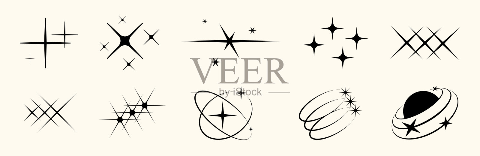 复古Y2K星星图标集，带有闪光、发光、闪烁和闪烁效果。扁平和轮廓符号。非常适合节日、宇宙或复古风格的平面设计。插画图片素材