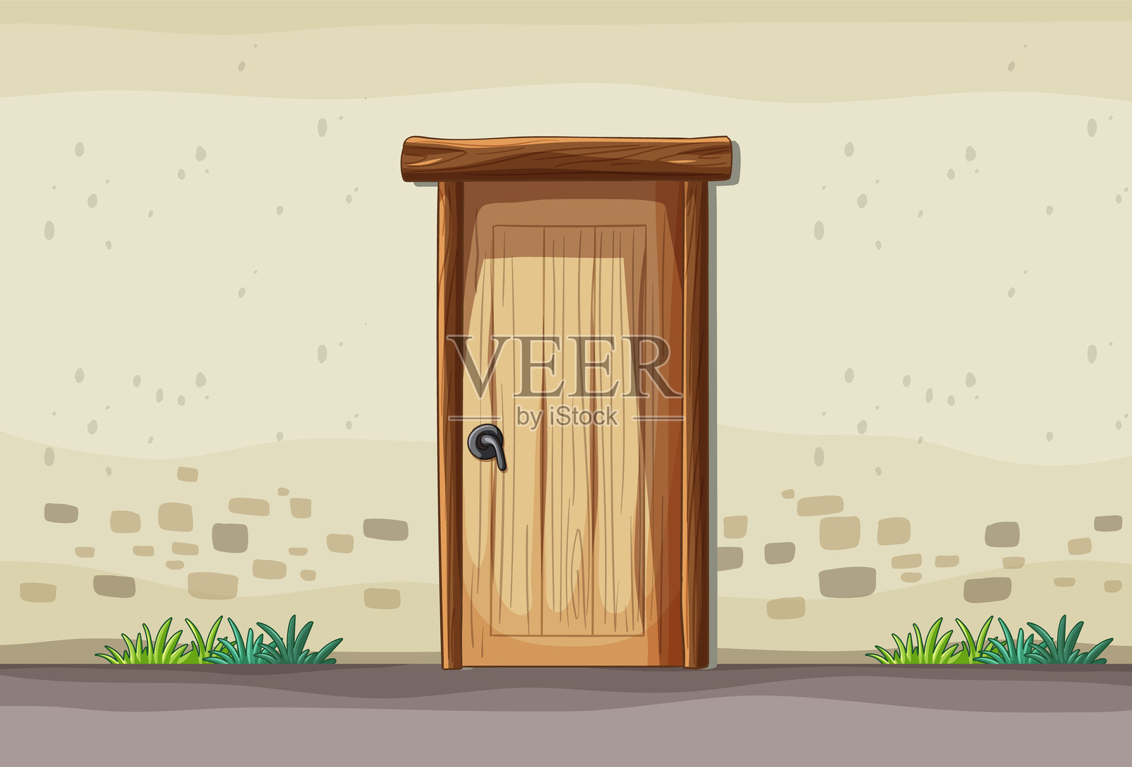 一扇嵌在砖墙中的木门插画图片素材