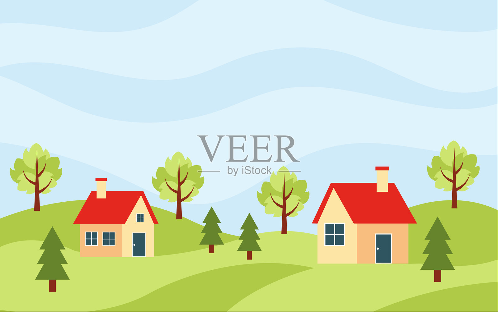 夏季风景。带有村庄的夏季景色。夏季的背景。插画图片素材