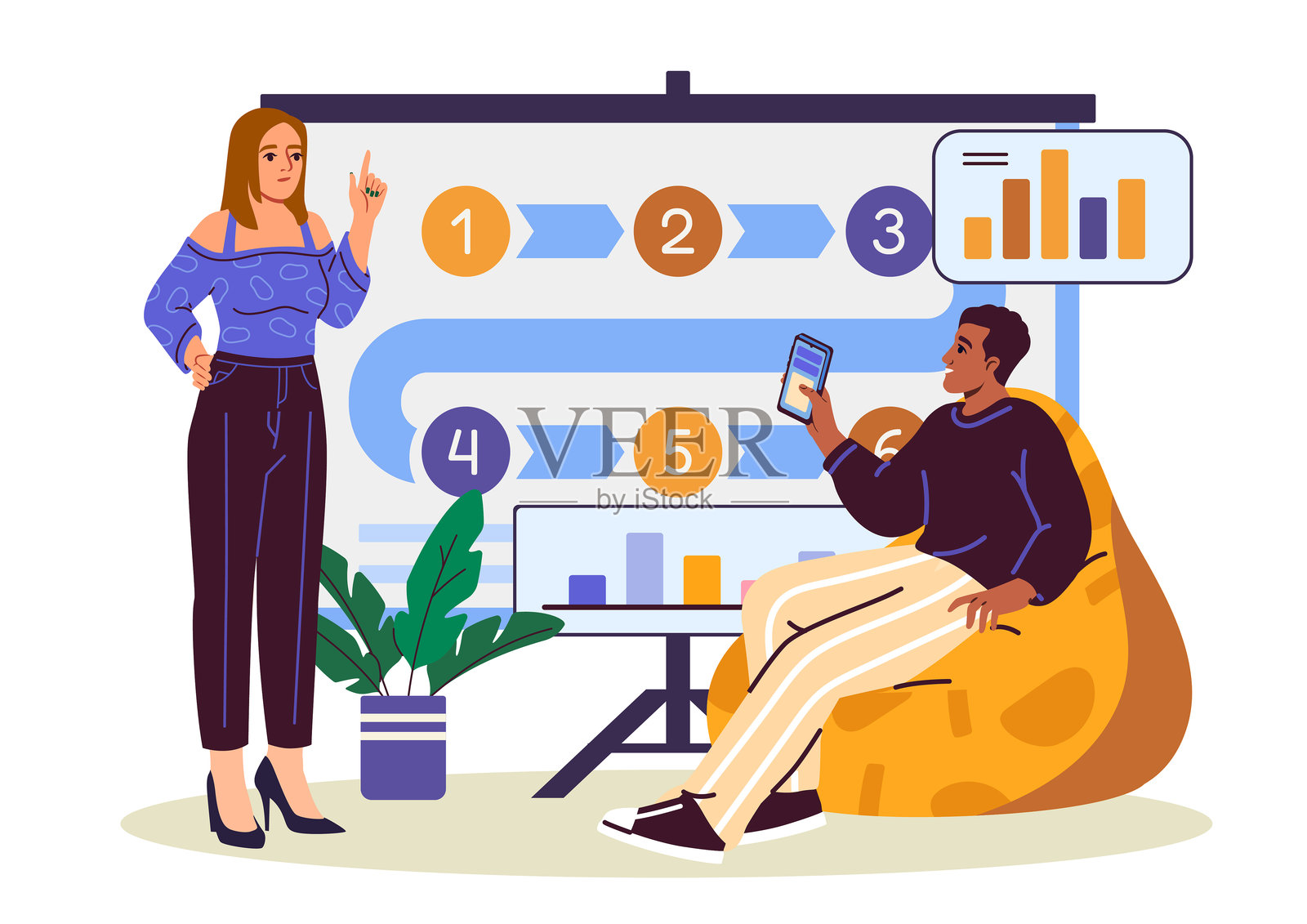 团队讨论项目工作流程图。矢量插图插画图片素材