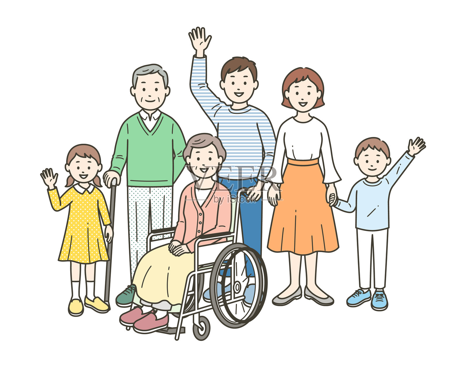 三代同堂的家庭全身插图，帮助坐轮椅的祖母插画图片素材