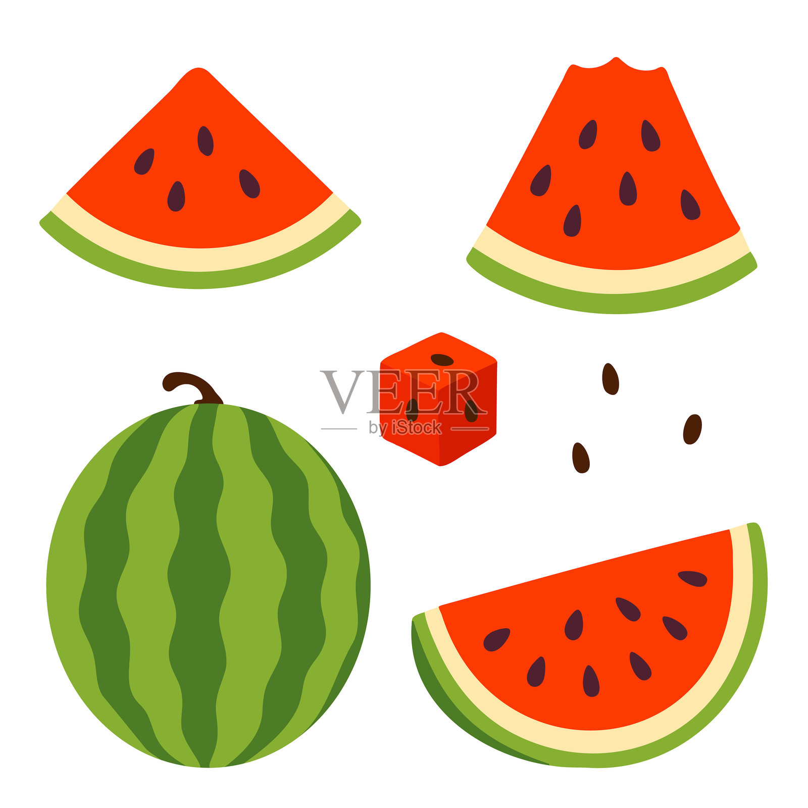 带籽的西瓜片、立方体、串签和多汁细节的组合，背景为白色插画图片素材