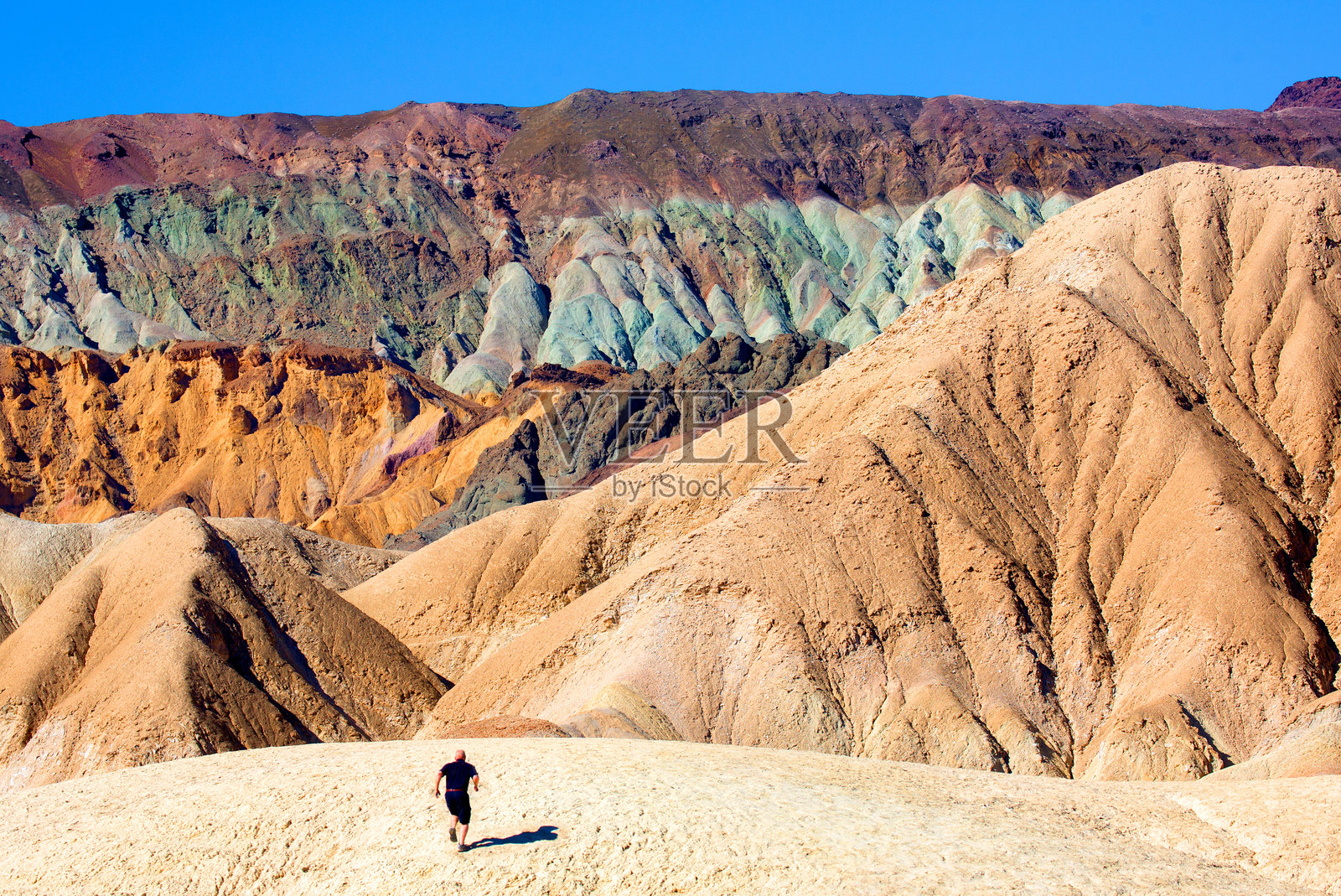 沙漠景观中行走的男子，鸟瞰图照片摄影图片