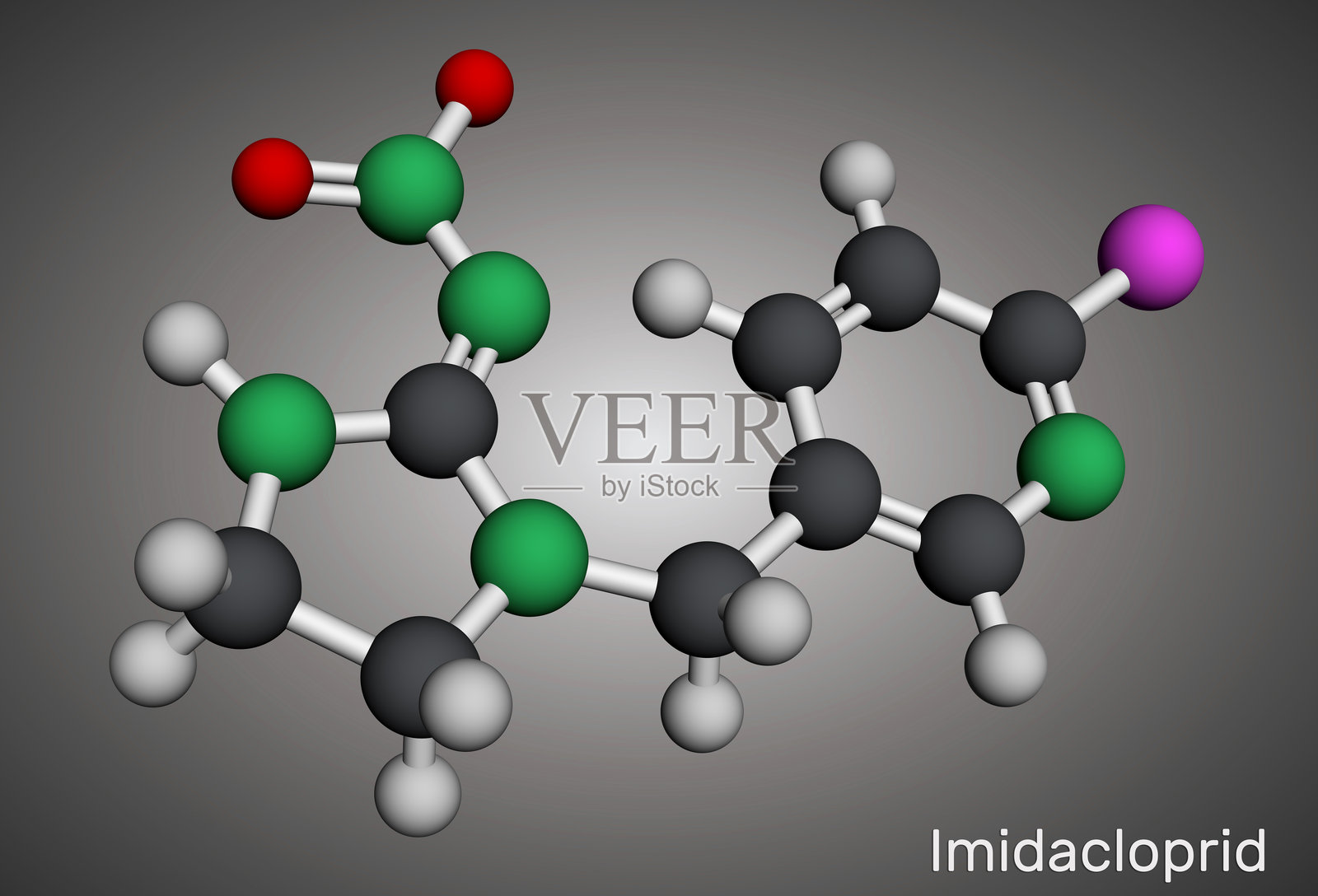 吡虫啉分子。用于农业和害虫控制的新烟碱类杀虫剂。分子模型。3D渲染。照片摄影图片