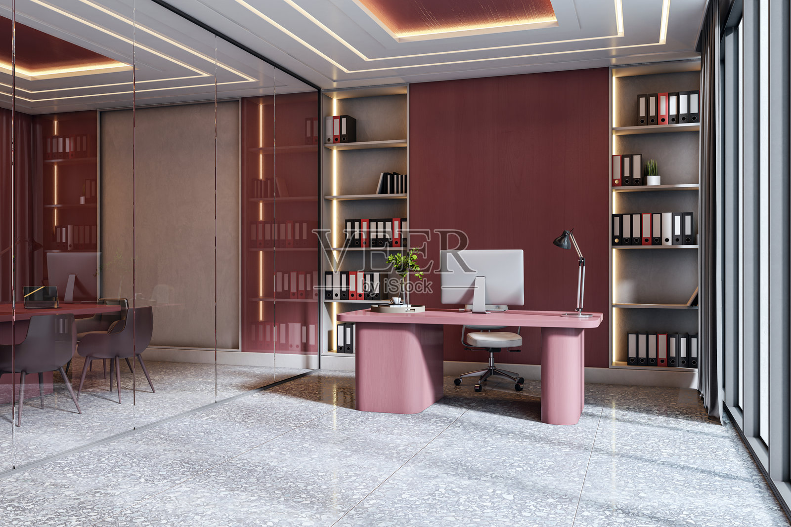 现代企业办公室内部，粉色桌子、时尚储物柜和玻璃墙会议室，干净的建筑设计概念。3D渲染。照片摄影图片
