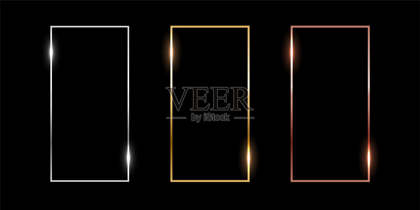 金色、银色和铜色的竖直矩形细框。金属相框或照片框，孤立在黑色背景上。简单物体模型。3D真实感空白模板矢量插图集。插画图片素材