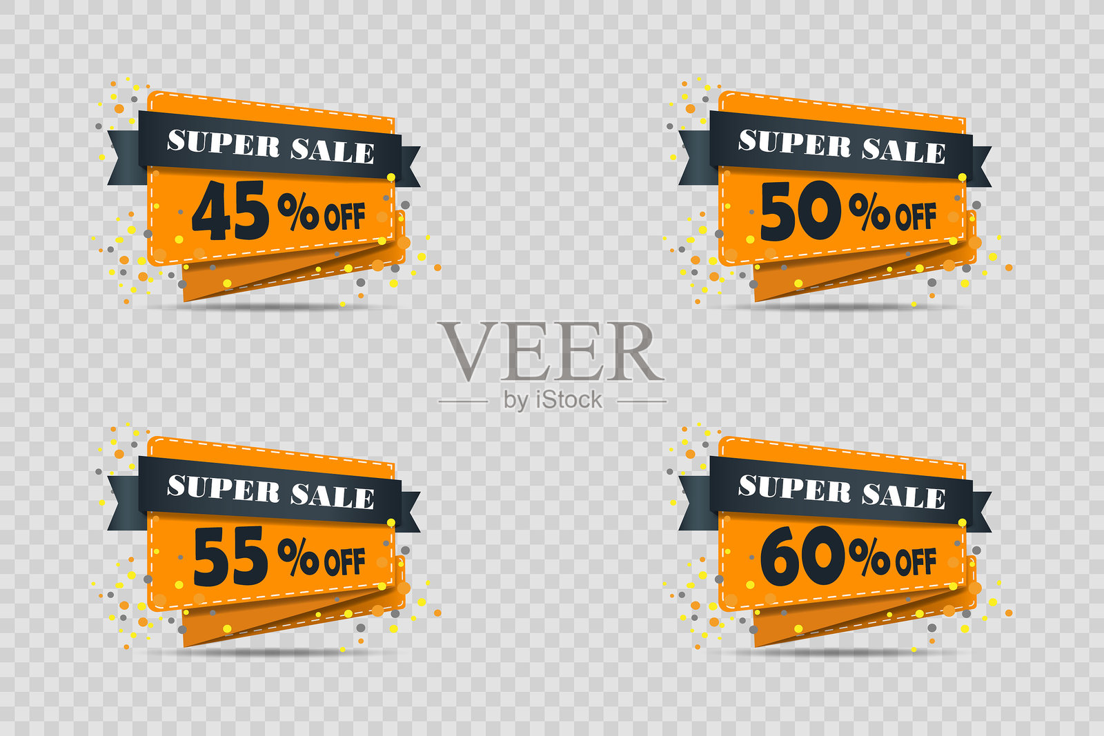 超级特卖折扣标签套装，带透明背景和橙色横幅插画图片素材