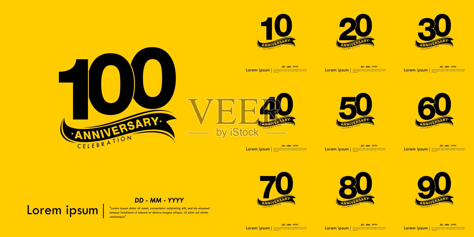 10-100周年庆典徽章套装。黑色标志与黄色背景上的丝带隔离。适用于网页、传单、海报、贺卡和邀请卡的矢量插图设计模板。插画图片素材