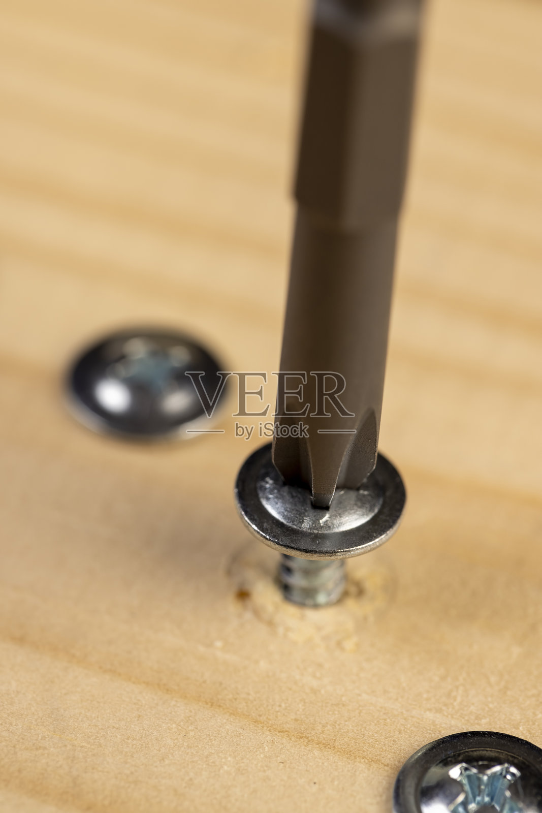 松木板和钢螺丝，银色木螺丝在板上的特写照片摄影图片