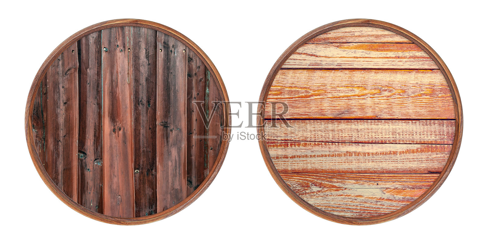 木框。两个空的圆形框架，带有创意的木质插入物，孤立在白色背景上。空白框架。标识样板。旧框架。照片摄影图片