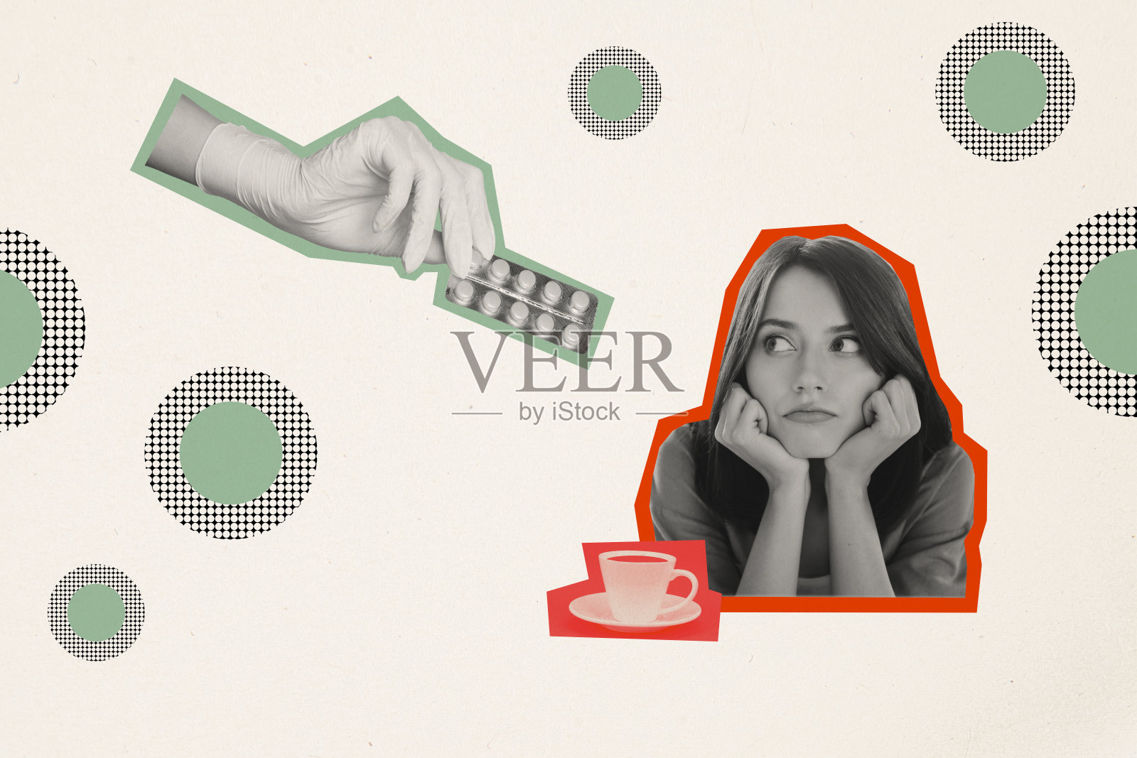 悲伤女性手握枕头，生病，冷茶杯，奇怪，怪异，不寻常，幻想广告牌的拼贴画。照片摄影图片