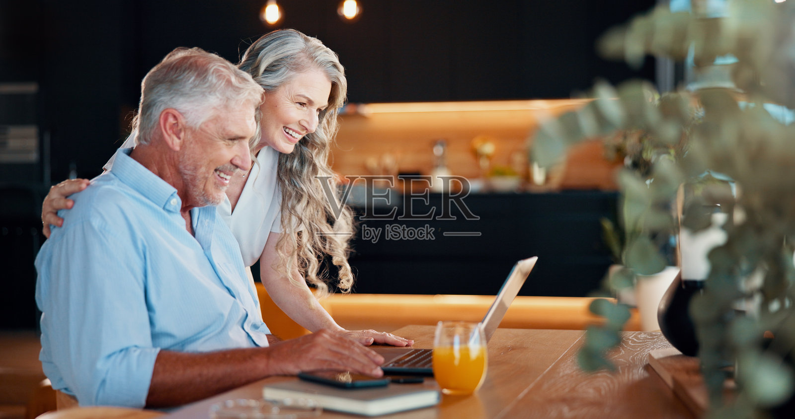 房子、笔记本电脑和一对微笑的老年夫妇在一起上网，建立联系。老年人、公寓，男人与女人，电脑和网站信息，进行财务审查和投资。照片摄影图片