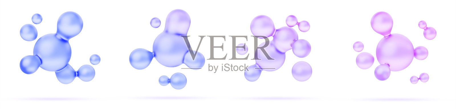 3D抽象液态球体形状，玻璃全息变形球。渐变流体球体、球形或气泡，带有分子粒子的图形圆形几何元素，独立渲染集。照片摄影图片