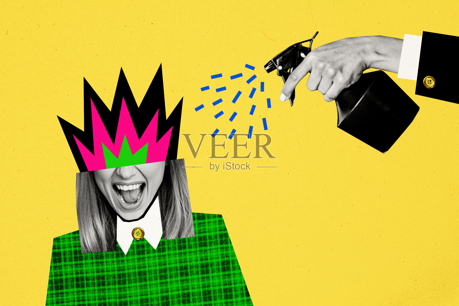 合成照片拼贴，表现尖叫女孩、燃烧的头、截止日期、工作负荷、办公室、手握水喷雾、求助，背景为涂鸦风格。照片摄影图片