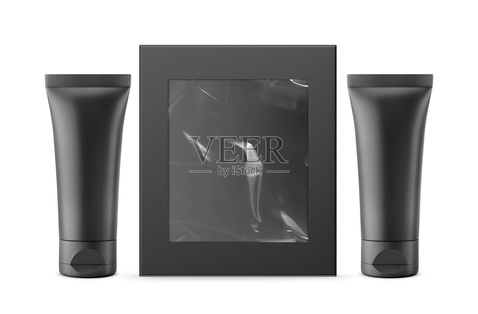 透明窗盒模型，内含化妆品管，用于品牌展示和呈现，3D插图照片摄影图片