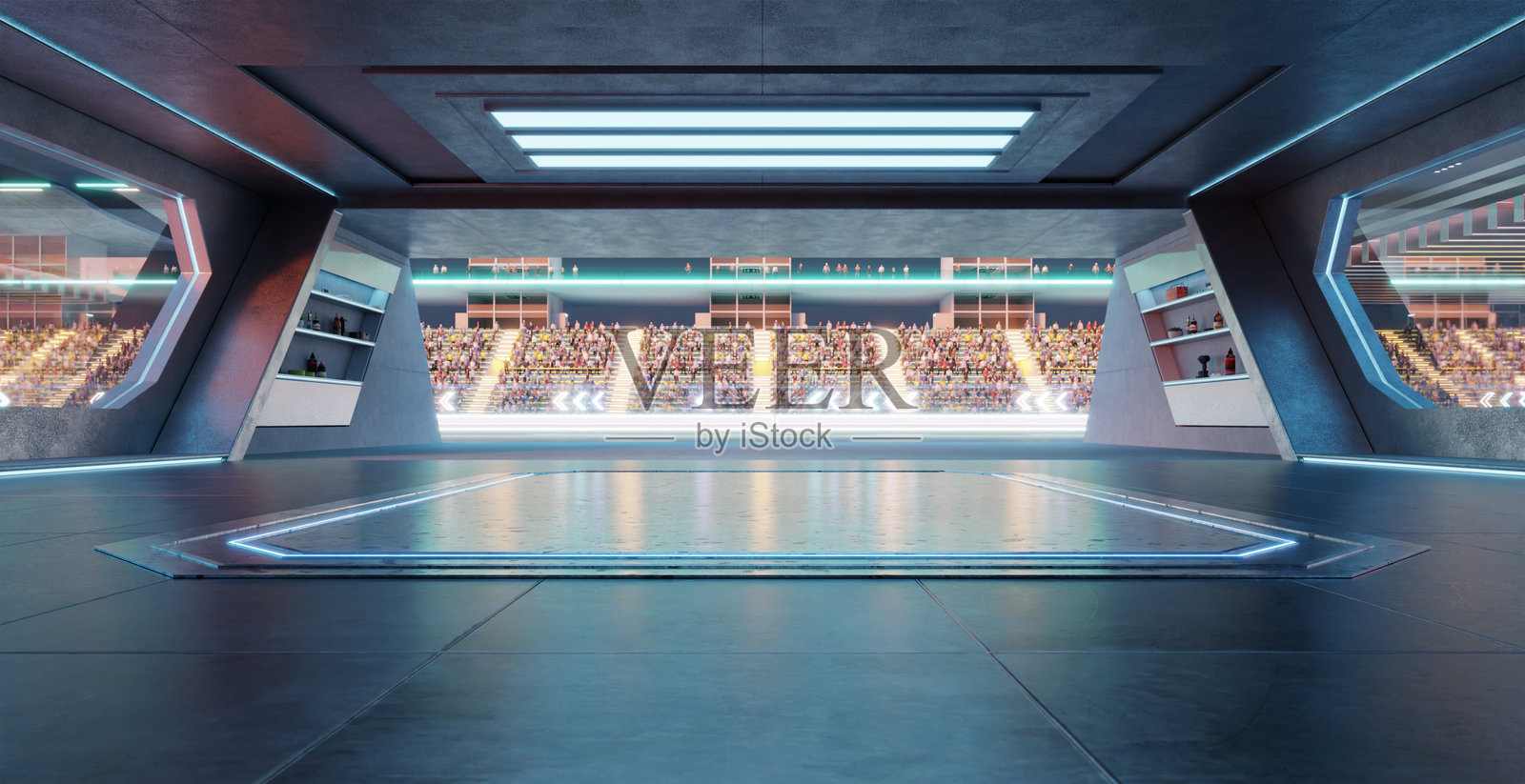 3D渲染的未来车库在赛道上开启，观众在等待照片摄影图片