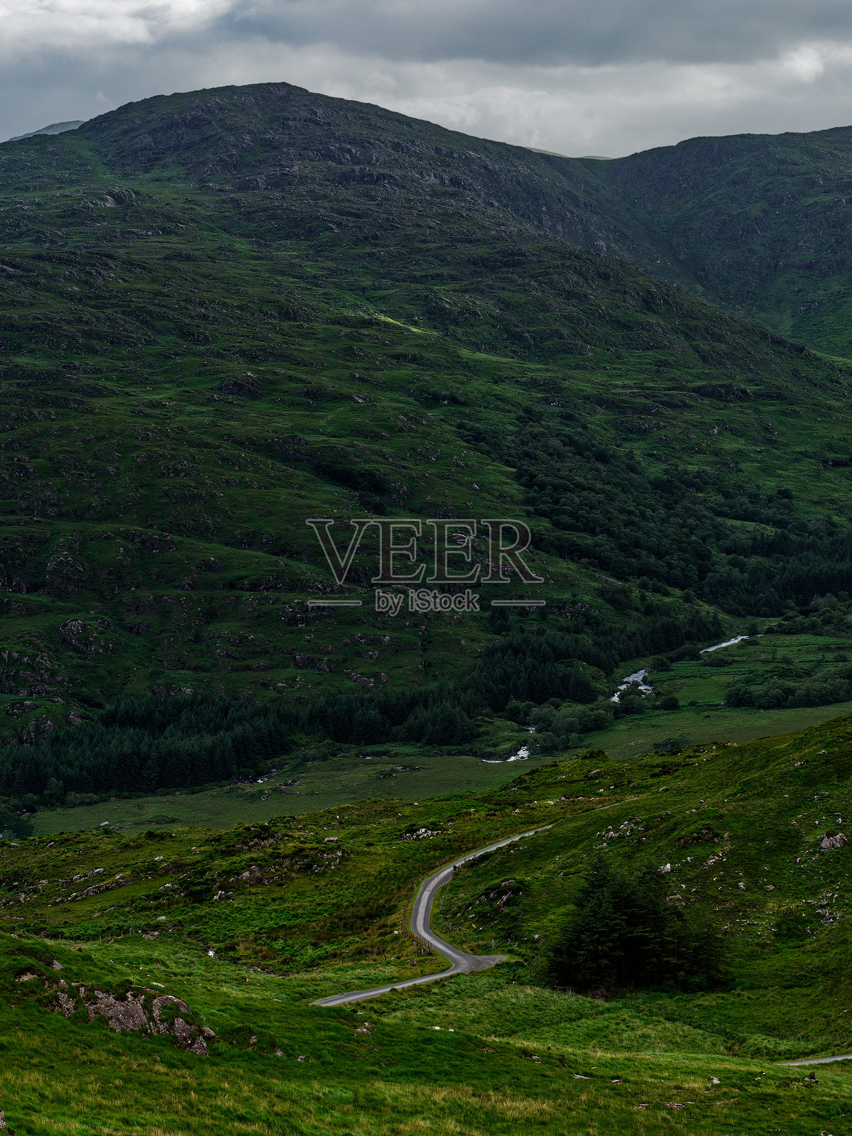 蜿蜒的小径穿过爱尔兰黑谷的翠绿山丘。迷人的风景展示了宁静的自然景观，邀请人们探索和欣赏大自然的奇迹。照片摄影图片