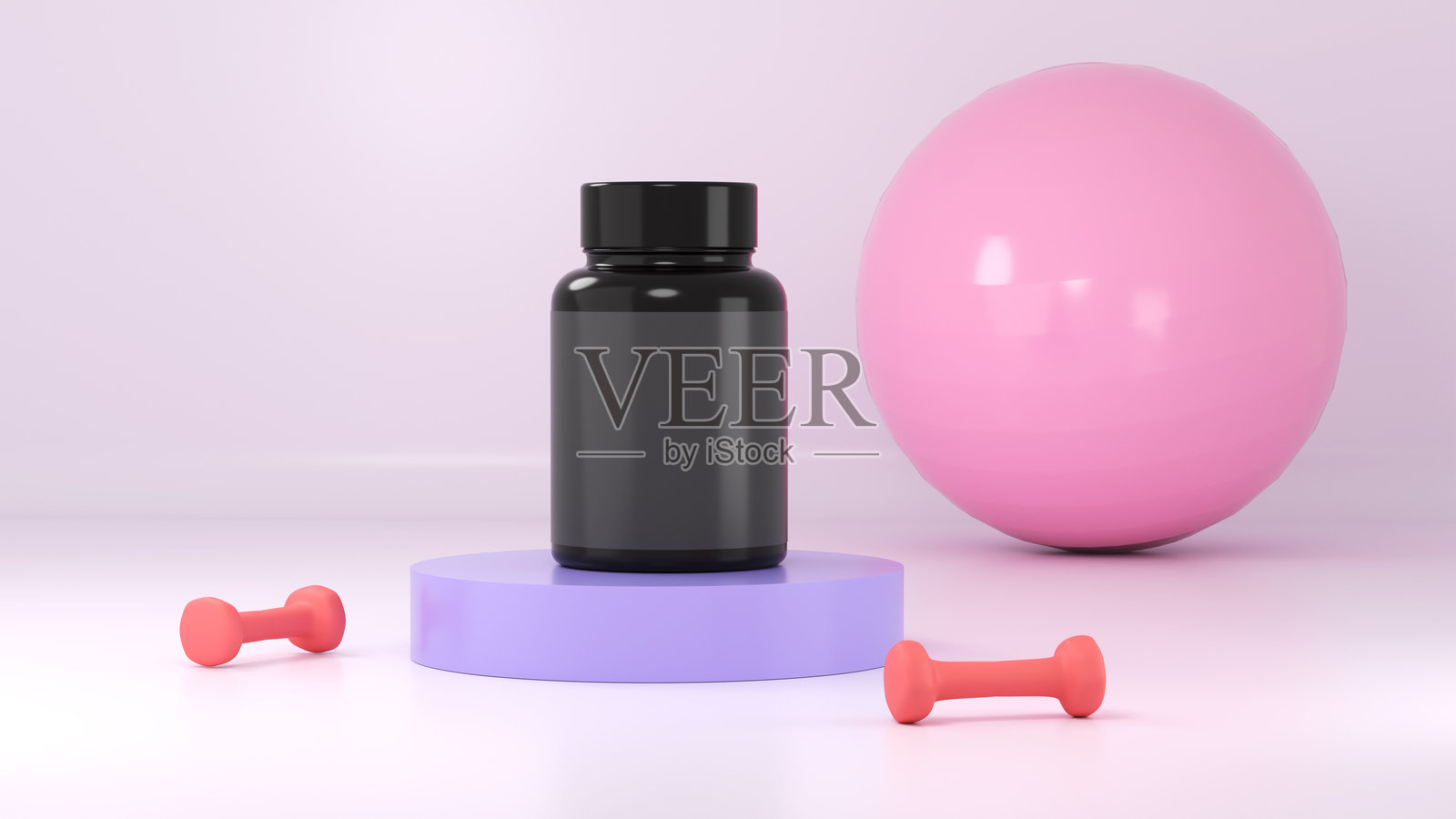 健身补剂瓶、运动营养蛋白容器与运动器材在讲台展示的健康生活理念概念3D渲染图照片摄影图片