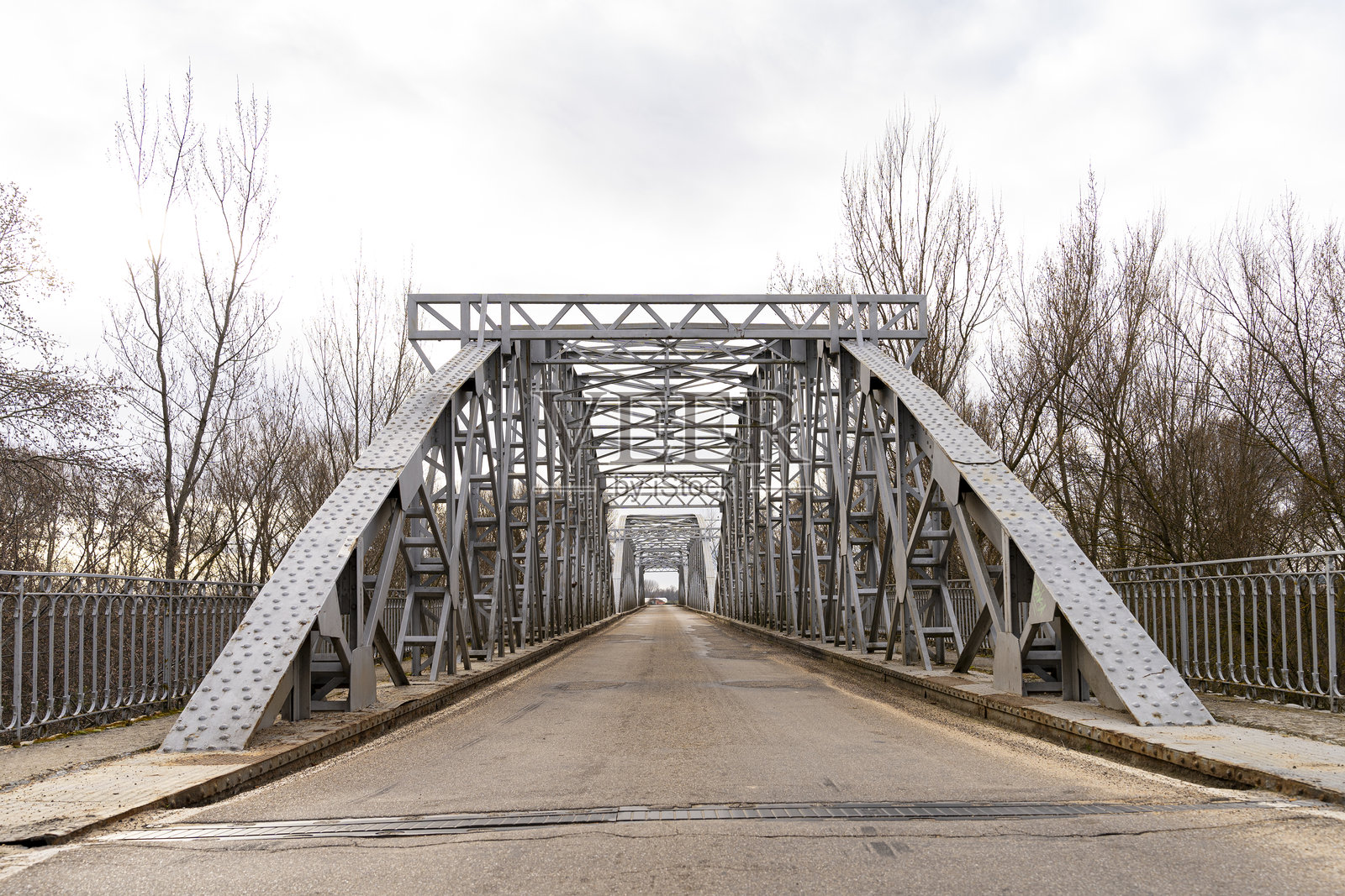 冬季光秃树木下的金属桁架桥结构照片摄影图片
