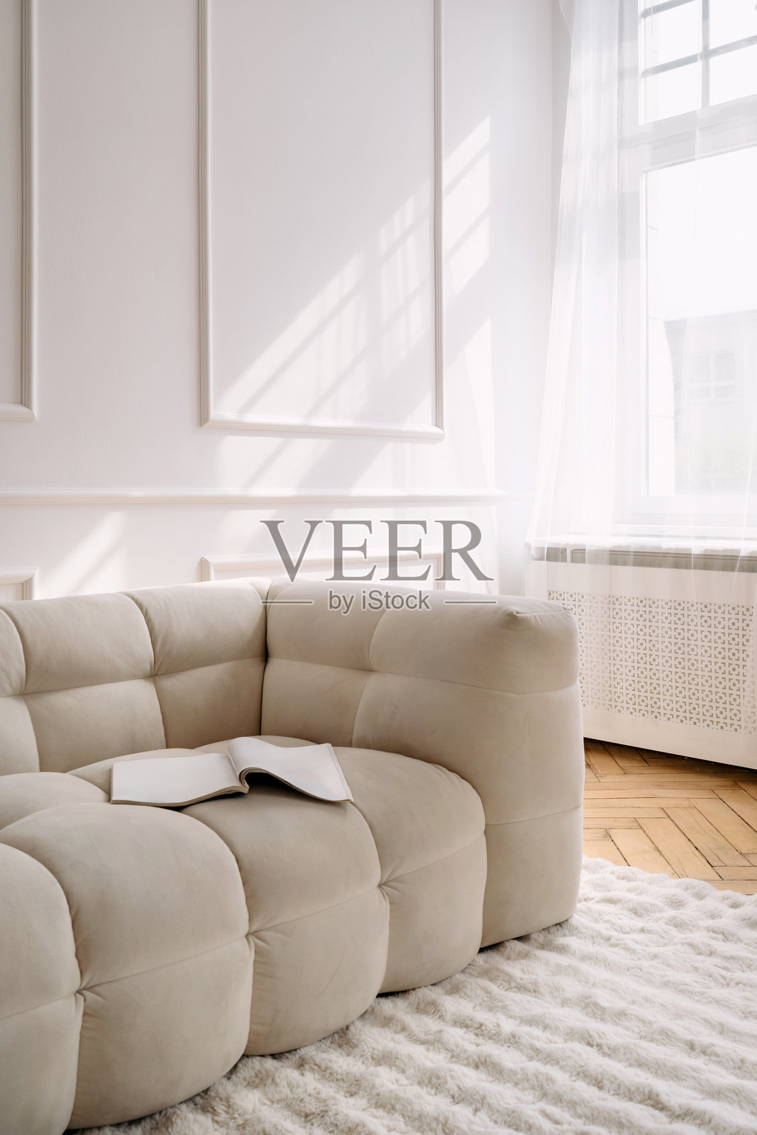 时尚的白色现代室内，配有舒适的沙发和自然光线照片摄影图片