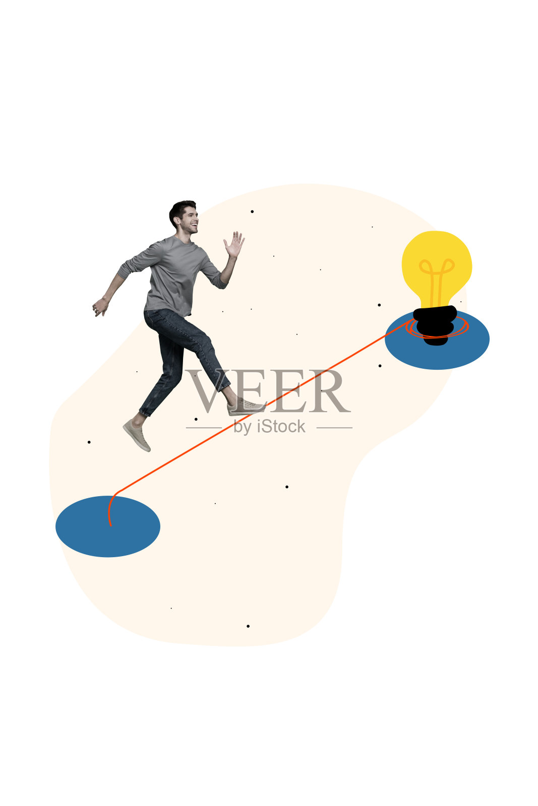 迷你人物在创意背景上奔跑的串灯泡竖版艺术拼贴图照片摄影图片