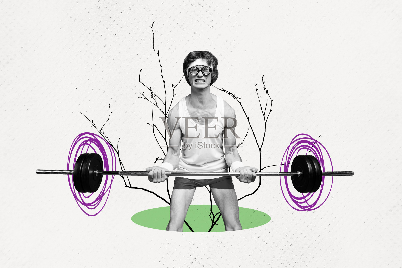 严肃的年轻运动员在涂鸦背景下拼贴的照片，努力举起重哑铃锻炼二头肌。照片摄影图片