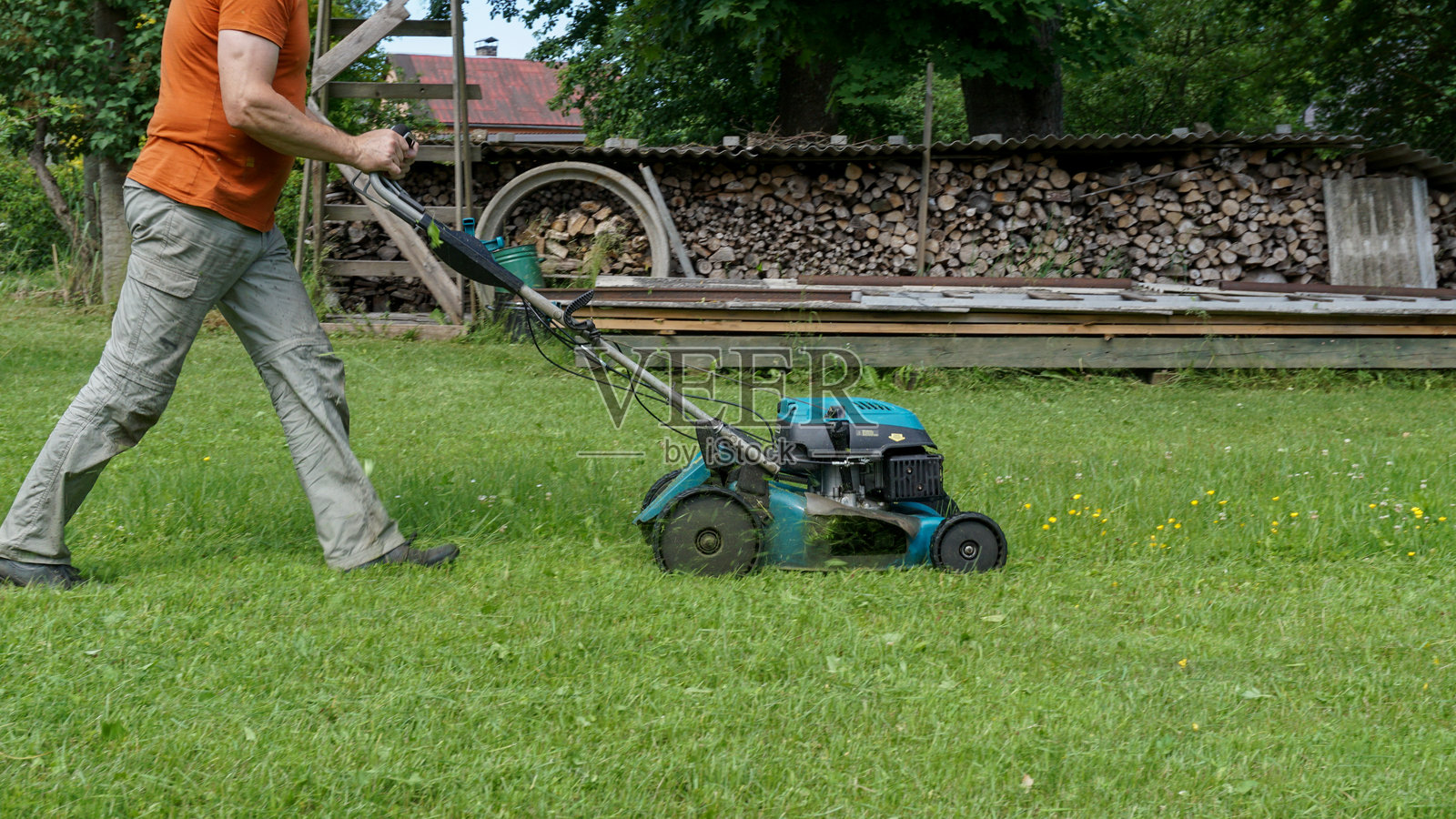 男人在绿色草坪上用割草机修剪草坪照片摄影图片