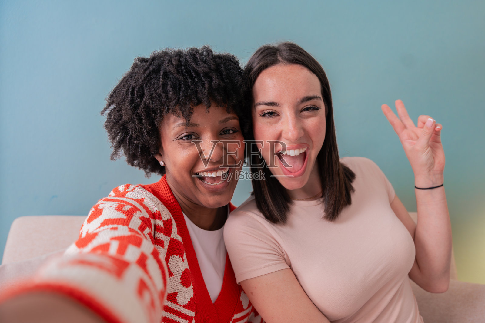 非裔美国学生和白人学生在家学习时自拍照片摄影图片