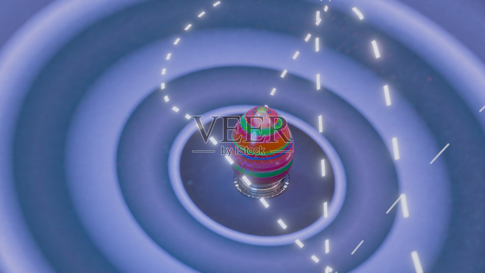 紫色背景上，带有同心霓虹圆圈和螺旋图案的发光虚线的金属底座上的彩色复活节彩蛋的3D渲染，未来主义极简抽象节日概念照片摄影图片