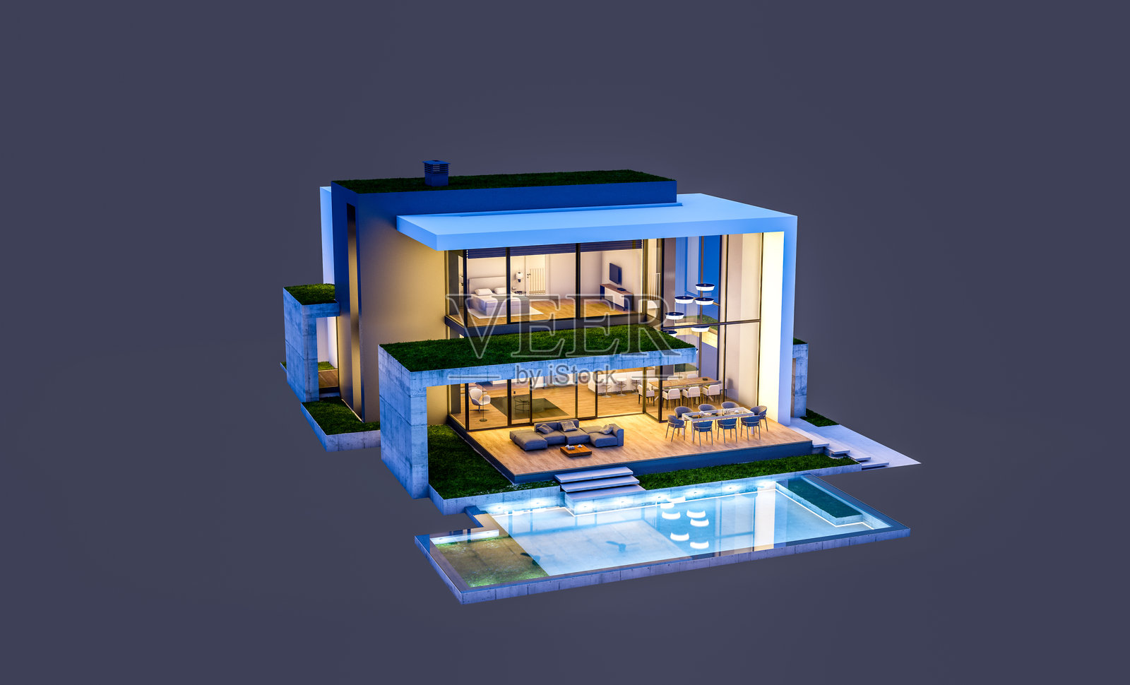 夜间孤立在黑色背景上的平顶房屋，配有停车位和游泳池照片摄影图片