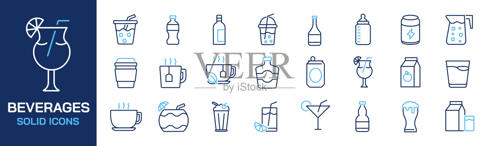 与饮料相关的线条图标集合。可编辑的线条。在透明背景上完美像素。插画图片素材