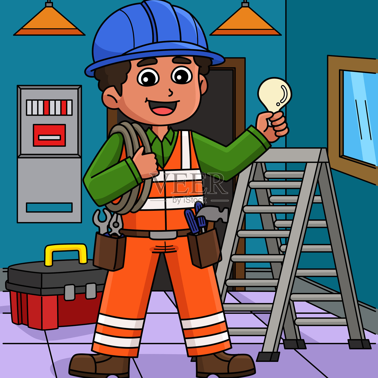 彩色卡通建筑工人电工插画图片素材