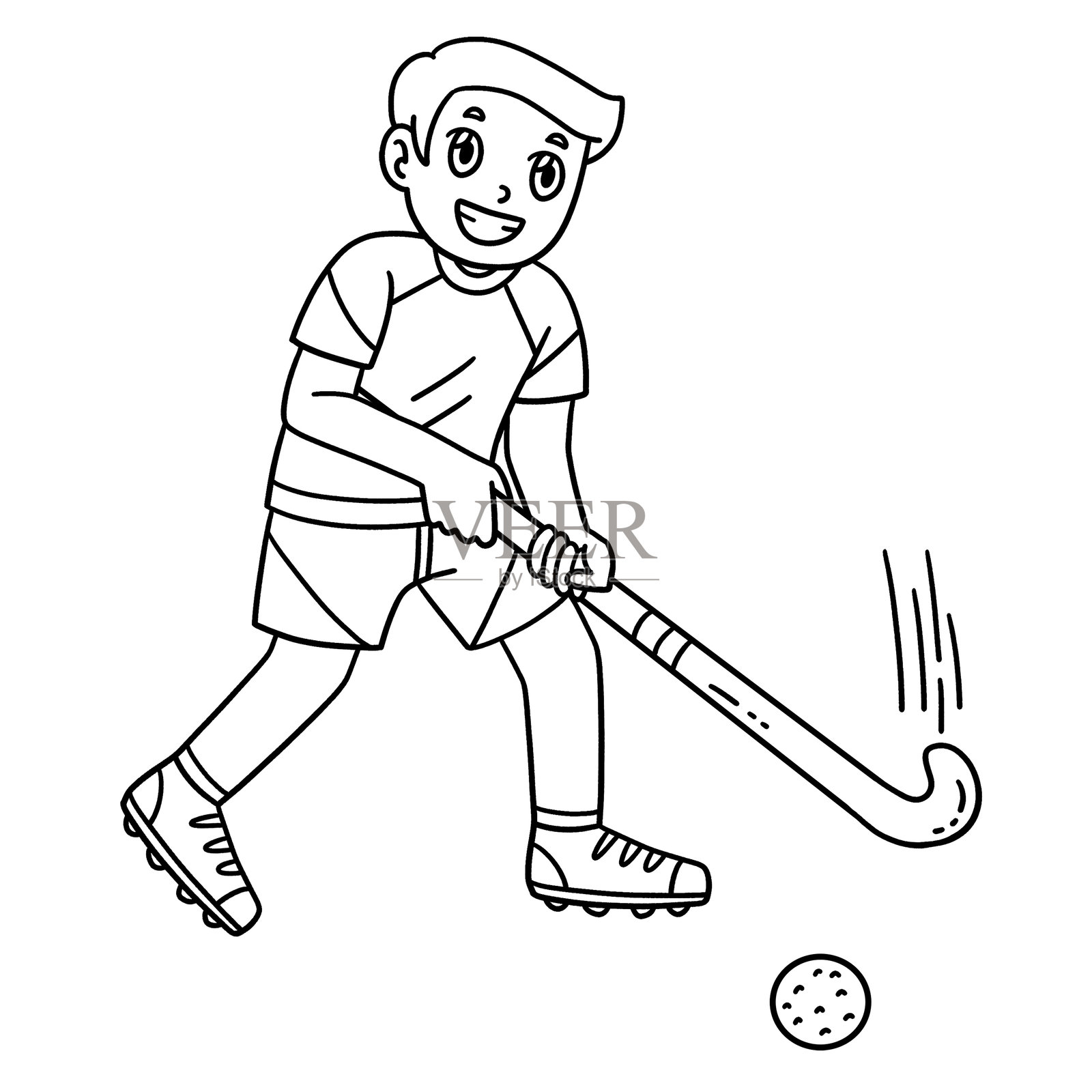 准备击球的男子曲棍球运动员，背景为单色。插画图片素材