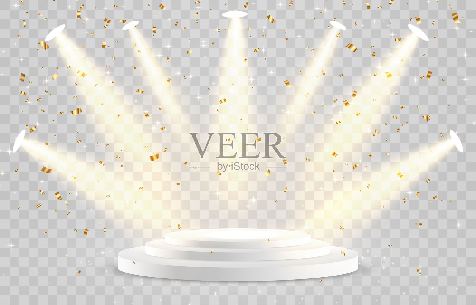 带聚光灯的3D矢量讲台。场景聚光灯光束，演播室照明。空旷的舞台或基座。颁奖典礼或产品展示用的讲台。插画图片素材