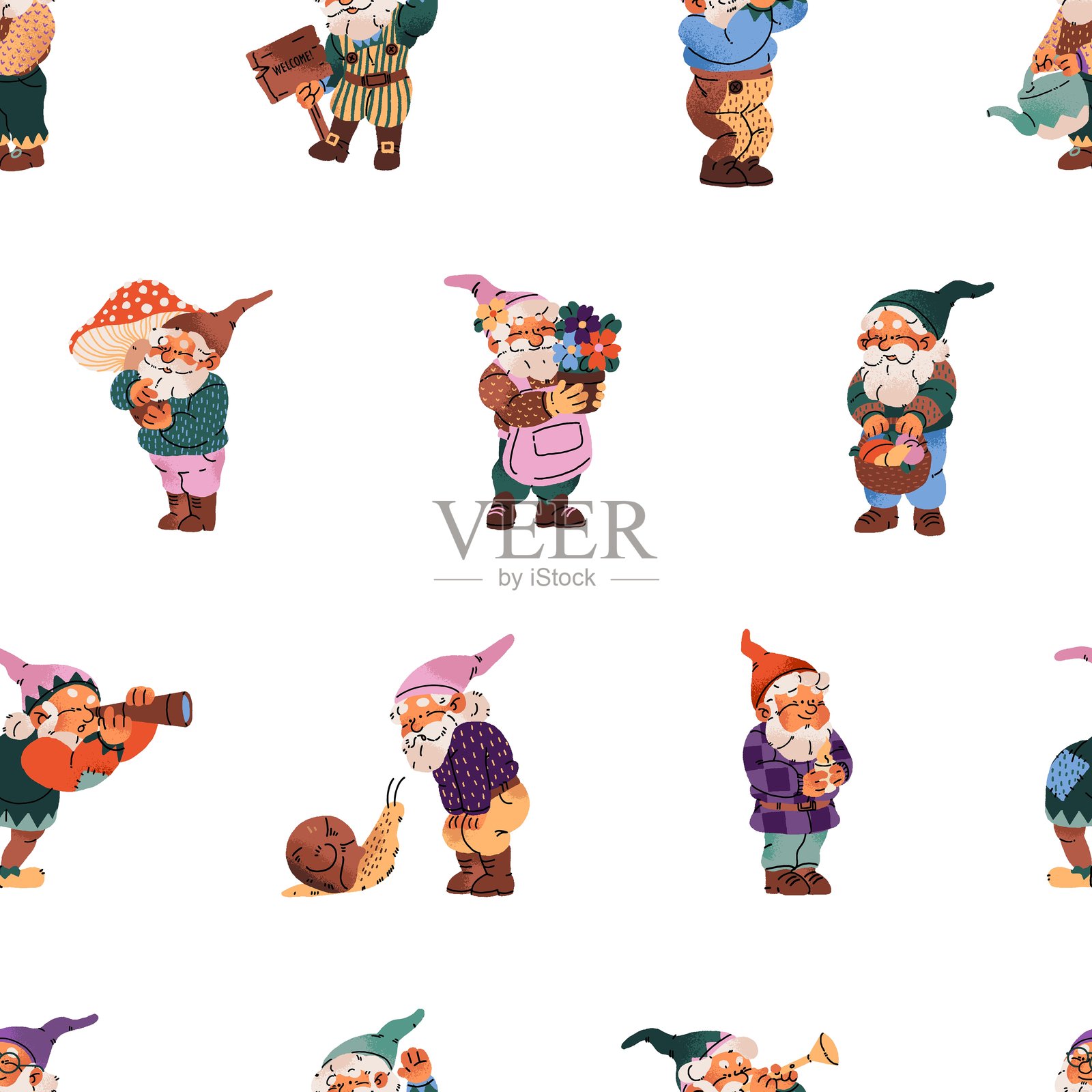 可爱的花园侏儒重复图案，戴着帽子。快乐的小矮人与花朵、蘑菇、蜗牛、望远镜的无尽背景。小童话角色们在玩耍。平面无缝矢量插图。插画图片素材