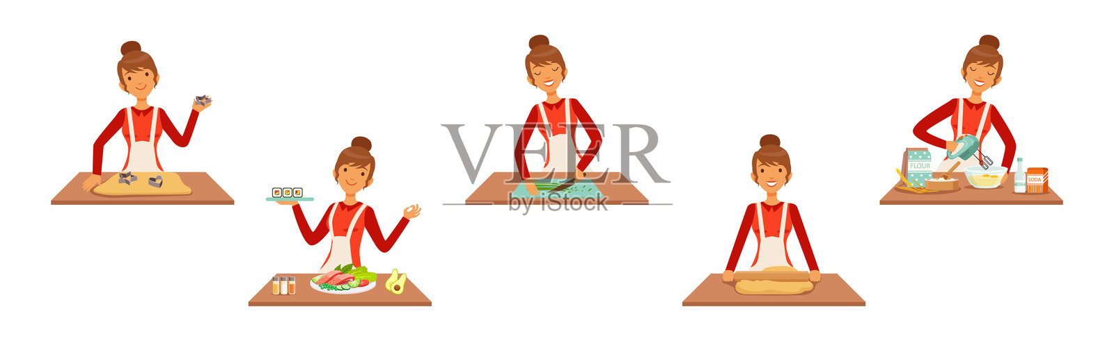 家庭中烹饪的女性角色享受烹饪过程矢量图集插画图片素材