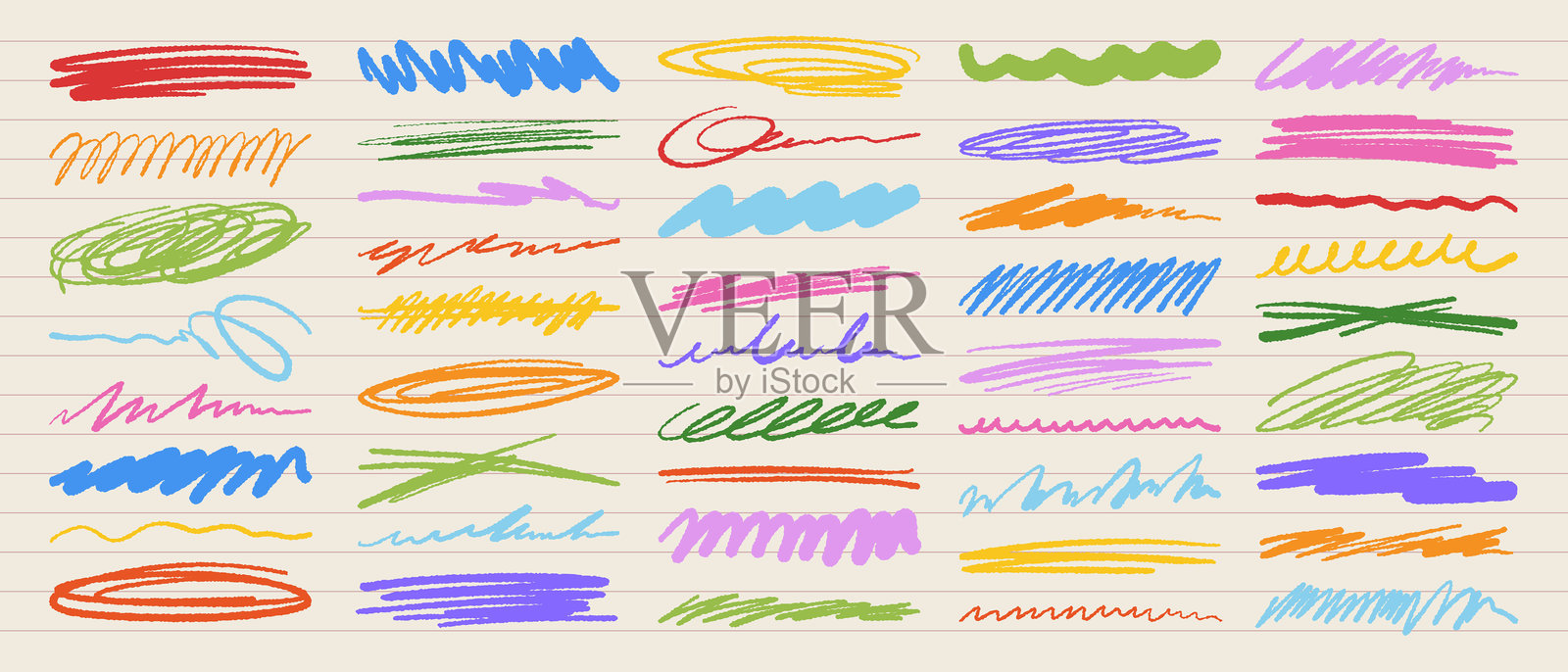 彩色蜡笔在方格纸背景上的下划线和涂鸦。手绘矢量曲线用于创意高亮、笔记和设计装饰。插画图片素材