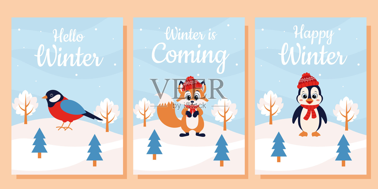 圣诞海报套装。冬季风景中有红腹灰雀、狐狸和企鹅。圣诞快乐贺卡、派对邀请、社交媒体。插画图片素材