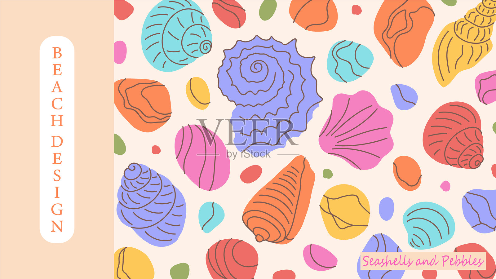 夏季海报或横幅，沙滩上的贝壳和卵石。手绘海洋设计模板，用于品牌、标签、卡片、广告和背景。插画图片素材