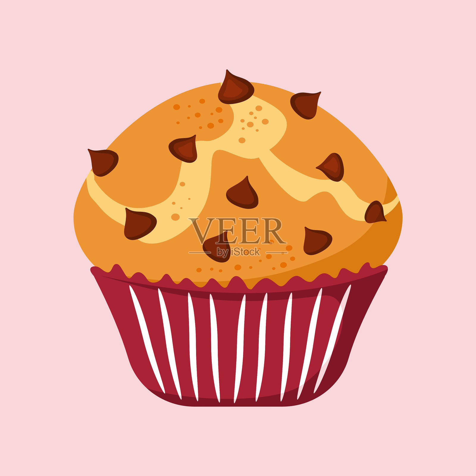 红色包装的巧克力碎片松饼，甜美的美味，适合早餐、甜点或烘焙设计。矢量插图。插画图片素材