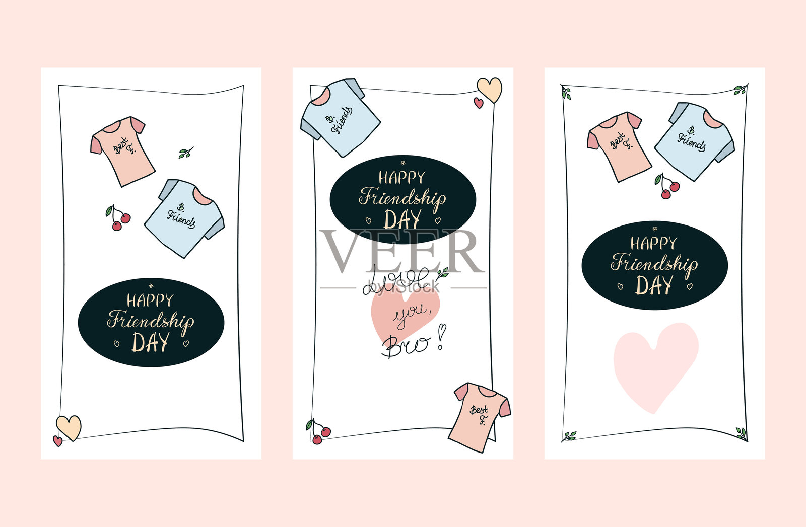 一套手绘的多彩友谊日海报、邀请函、贺卡、社交媒体故事模板，设计各异，可爱的涂鸦T恤，手写祝福，留白空间插画图片素材