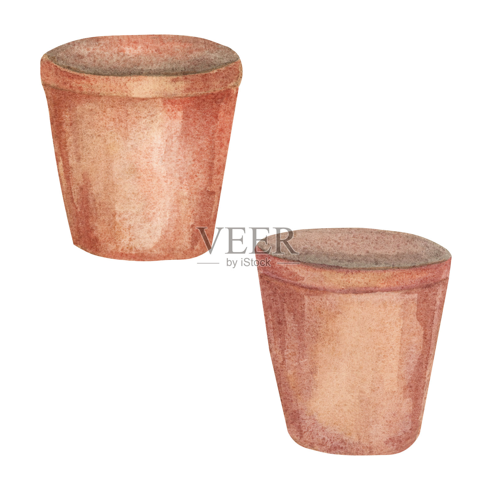 这幅水彩插图中展示了两个陶土花盆。非常适合园艺主题的包装和乡村风格的装饰设计。插画图片素材