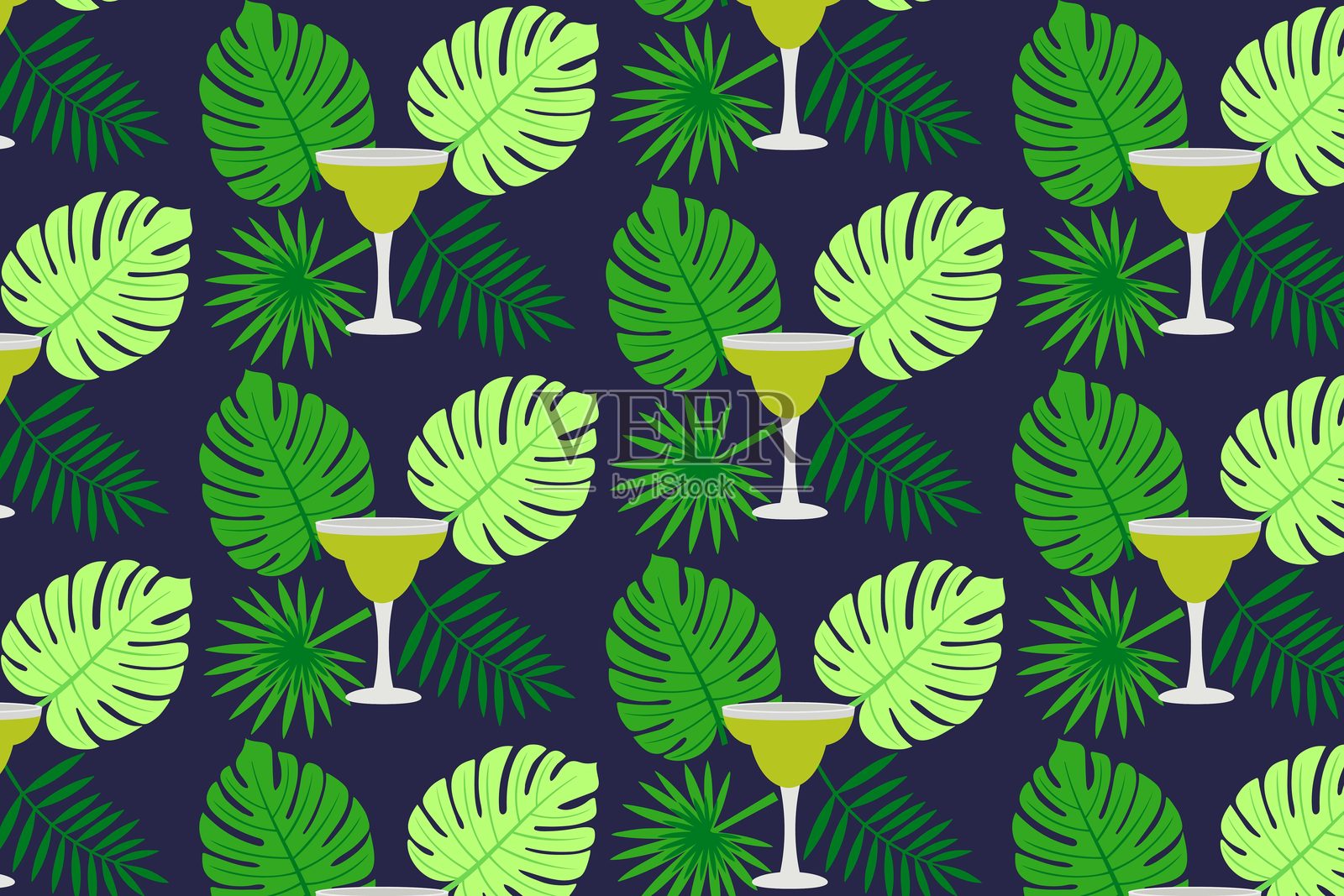 热带叶子和鸡尾酒的无缝重复图案，背景为深色。插画图片素材
