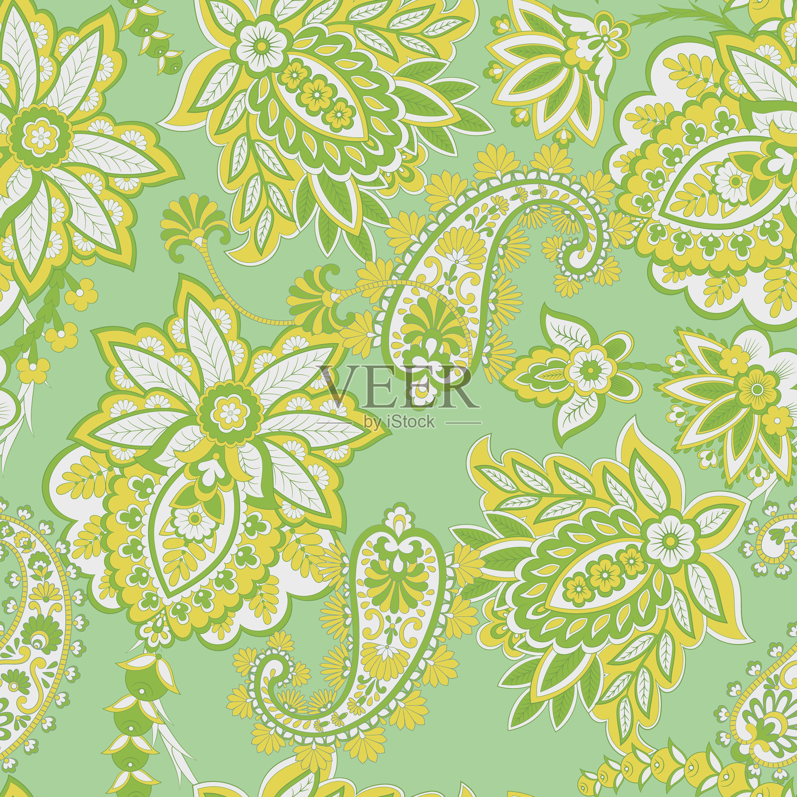 佩斯利花卉东方民族图案。矢量无缝装饰性印度面料图案。插画图片素材