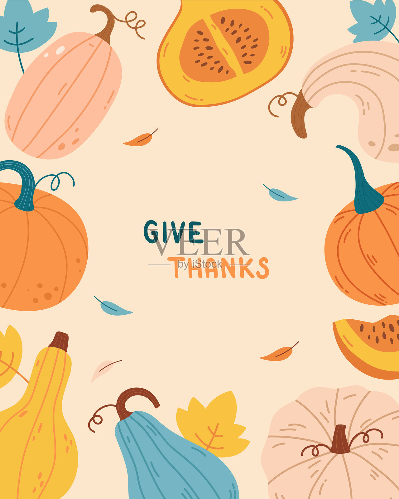 秋季贺卡，配有南瓜、树叶和文字短语。手绘海报，适用于感恩节、季节性问候设计、丰收节。矢量背景、框架或边框。插画图片素材