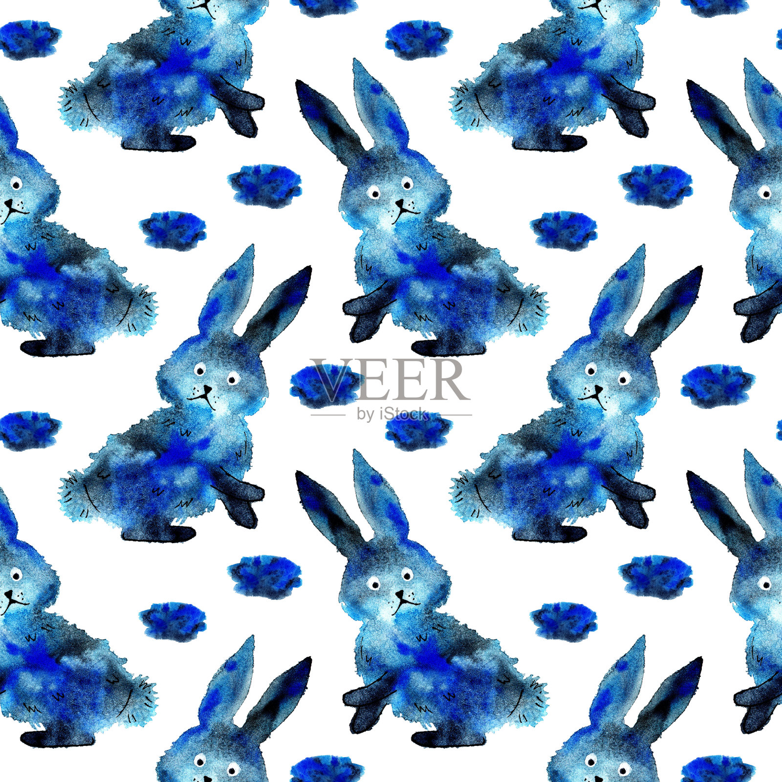蓝色兔子的水彩插图，呈现为斑点状。水彩污迹。非常适合明信片、海报、横幅、邀请函、贺卡和印刷品。背景为白色。插画图片素材